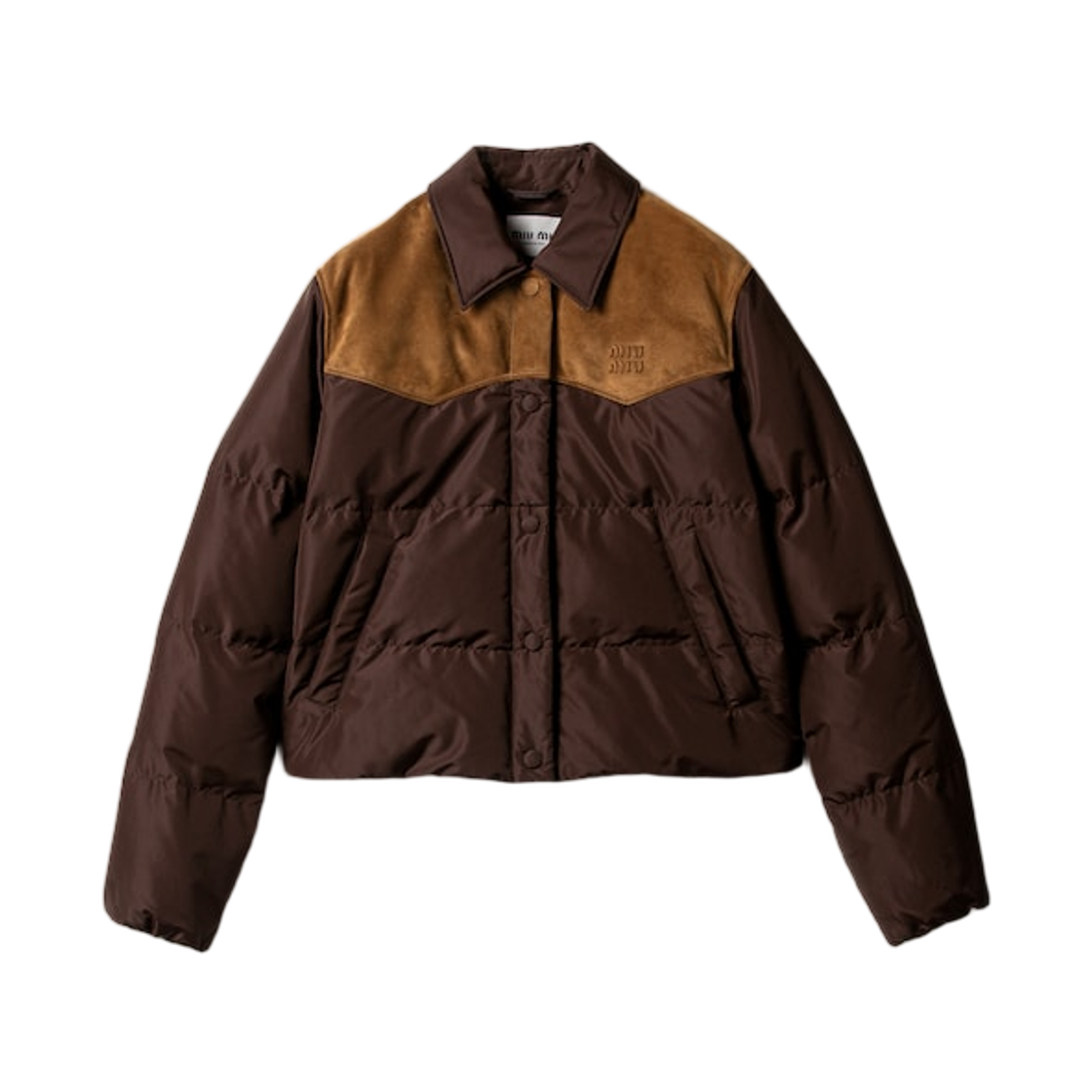 ML1371-18Q0-F0201 (W) Miu Miu Technical Ponge and Leather Down Jacket Coffee