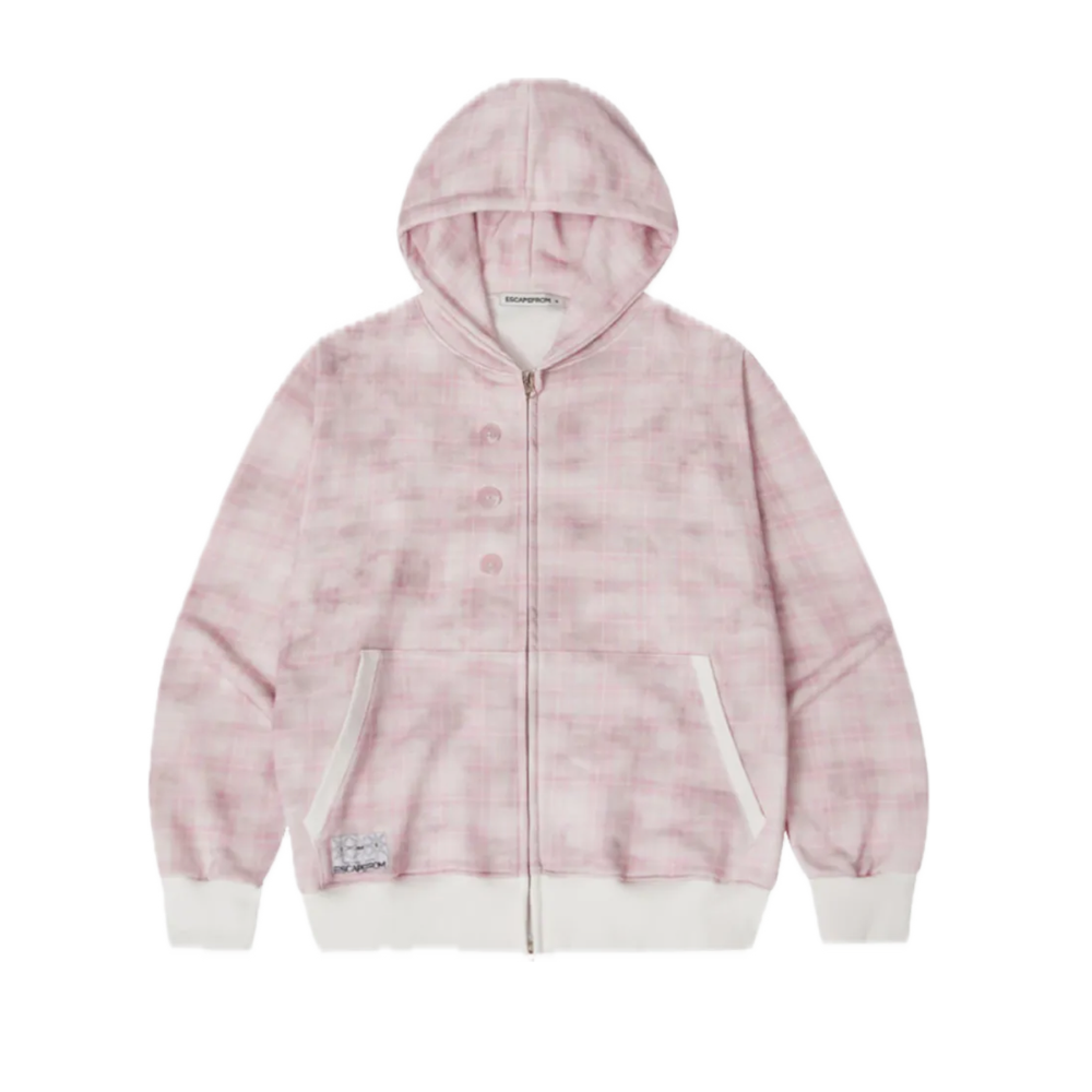 E252HZ044RR Escapefrom Dusty Check Full Print Button Point Two-Way Hood Zip-Up Pink