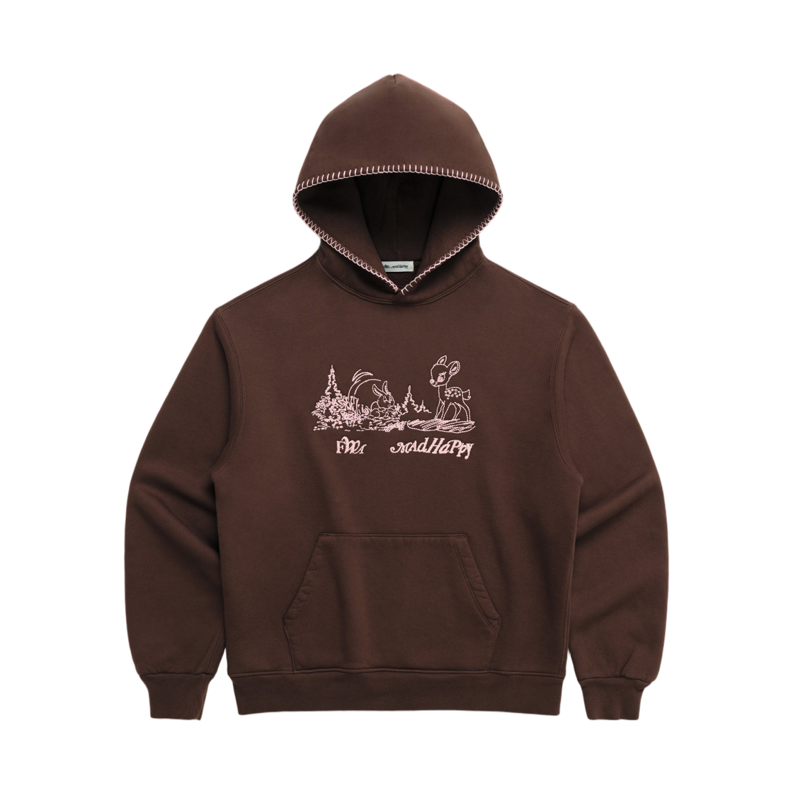 UK01001168 Madhappy Friends With Animals Deer & Bunny Hoodie Dark Coffee