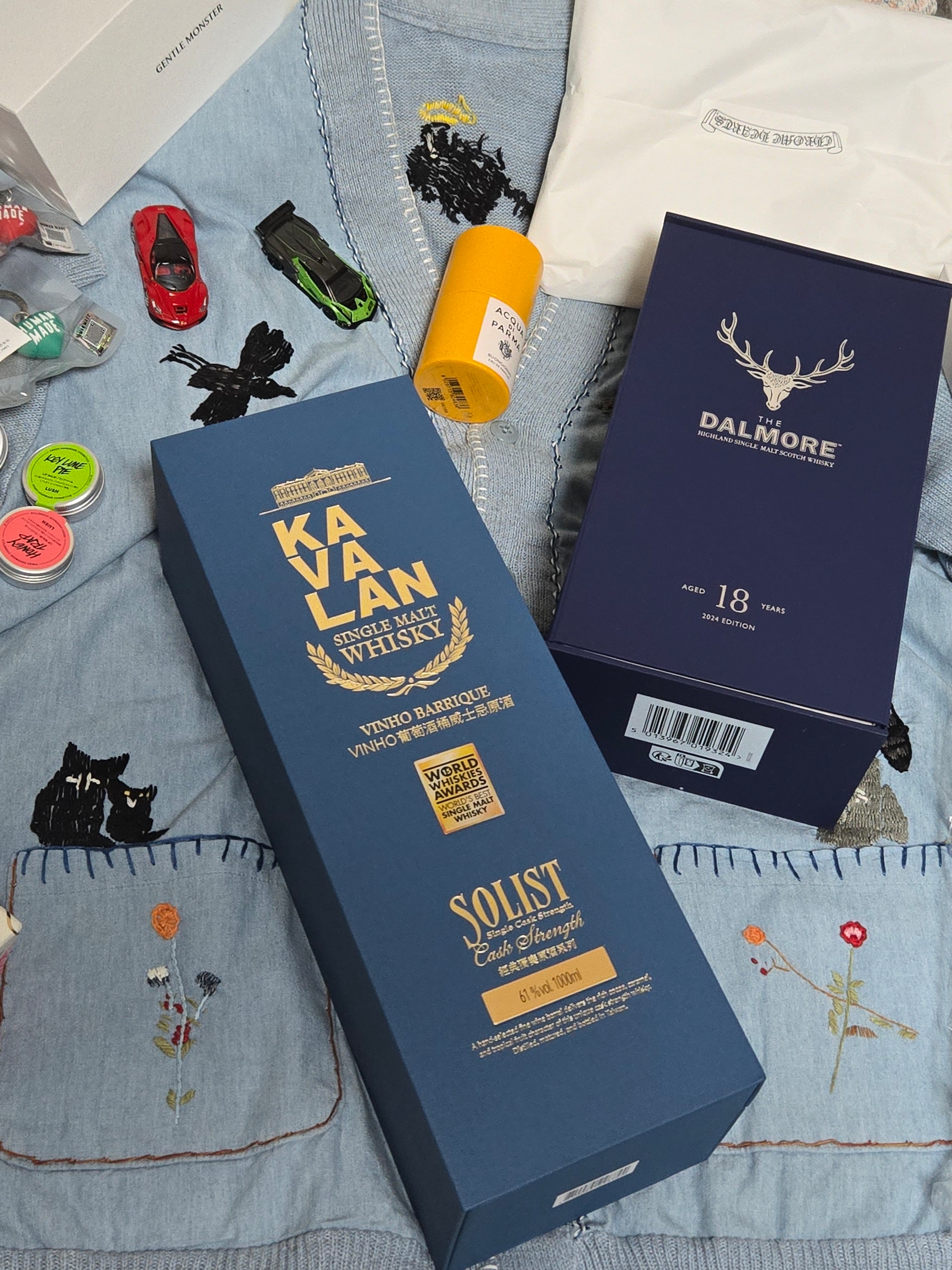 Kapital Knit and Chambray Cardigan Crow and Cat Embroidery Saxophone 착용 스타일