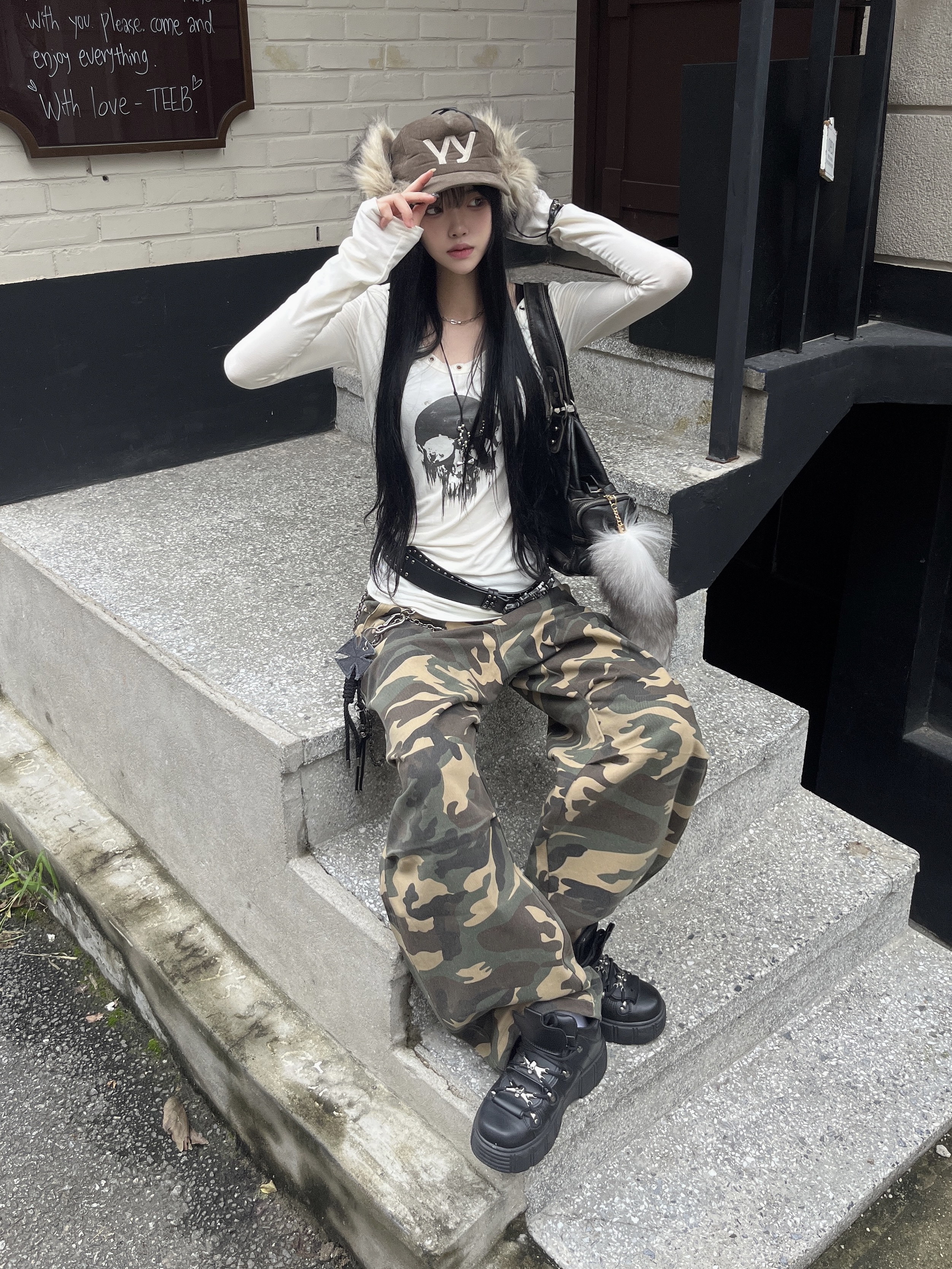 SLOW RECORD HOUSE Double Pintuck Cotton Pants Camo Vintage Green 착용 스타일 - 10