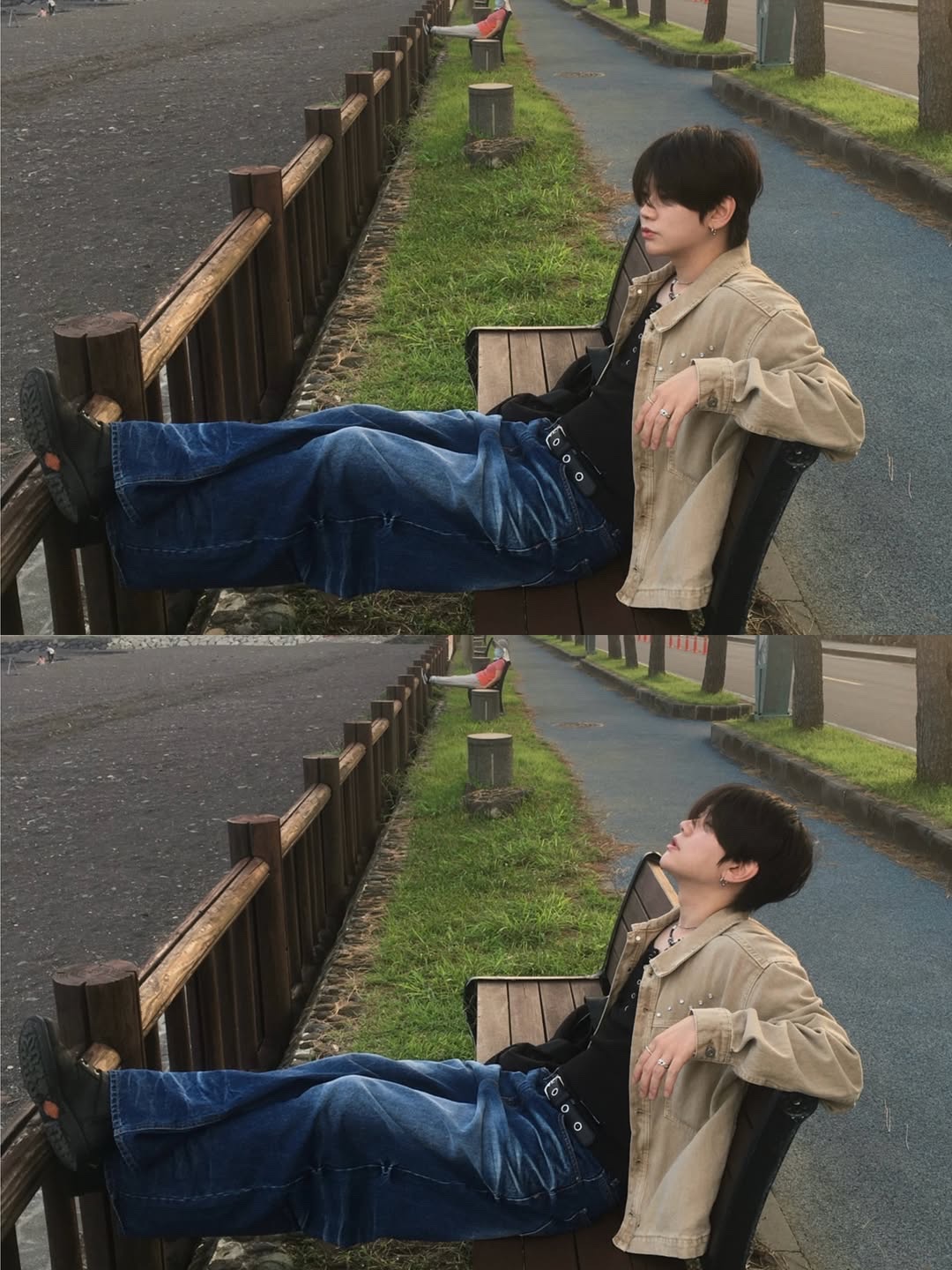 SSERPE Starry Night Washed Wide Denim Pants Blue 착용 스타일 - 1