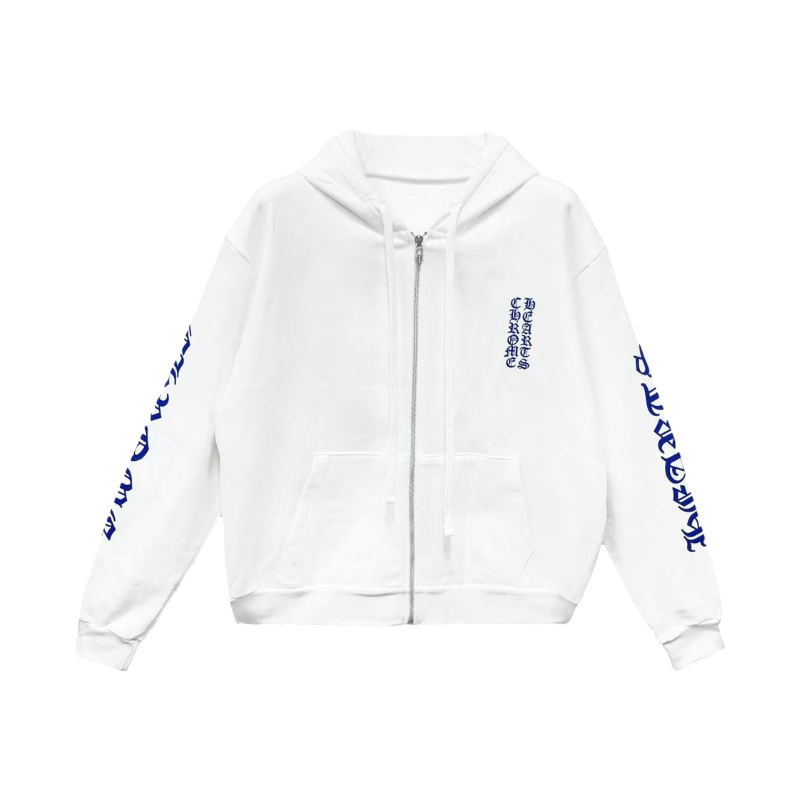 크롬하츠 버티컬 로고 플리스 집업 블루 스크립트 후드 화이트(Chrome Hearts Vertical Logo Fleece Zip-Up Blue Script Hoodie White)