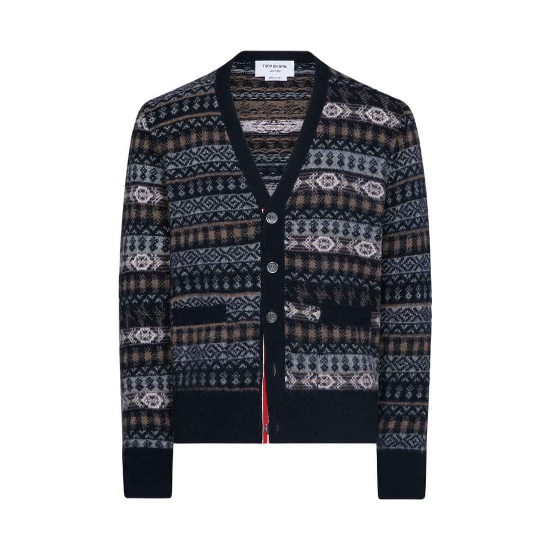 MKC598F-Y1026-415 Thom Browne Brushed Shetland and Merino Wool Funmix Fair Aile Jacquard V-Neck Cardigan Navy