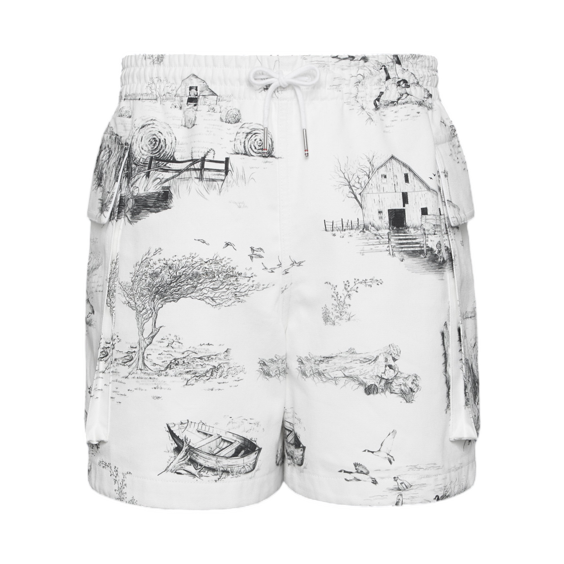 MTU342A-F0977-980 Thom Browne Scenic Toile Cotton Canvas Cargo Rugby Shorts Black White