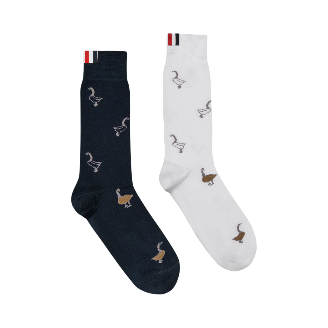 MAS207F-Y3012-979 Thom Browne Funmix Geese Jacquard Mid Calf Socks Navy White