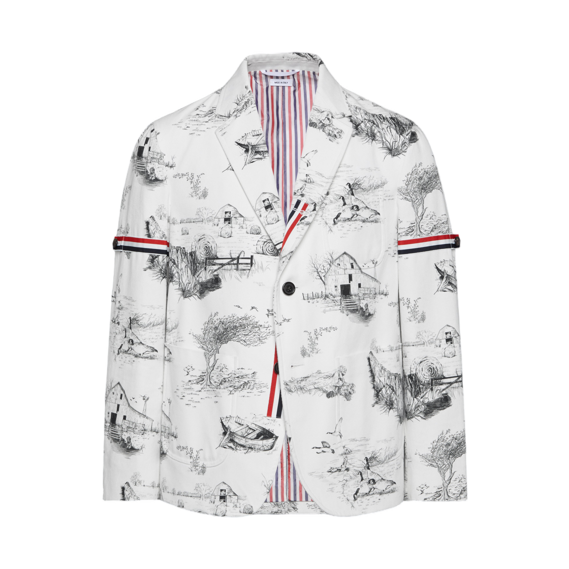 톰브라운 시닉 트왈 코튼 캔버스 벨트 스포츠 코트 블랙 화이트(Thom Browne Scenic Toile Cotton Canvas Unconstructed Sport Coat Black White)