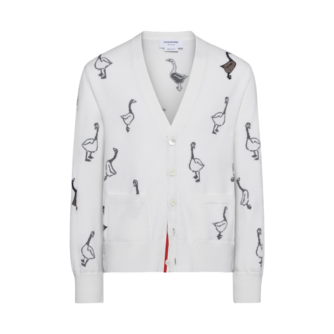 톰브라운 기스 인타르시아 메리노 울 릴렉스드 핏 브이넥 가디건 화이트(Thom Browne Geese Intarsia Merino Wool Relaxed Fit V-Neck Cardigan White) - 1