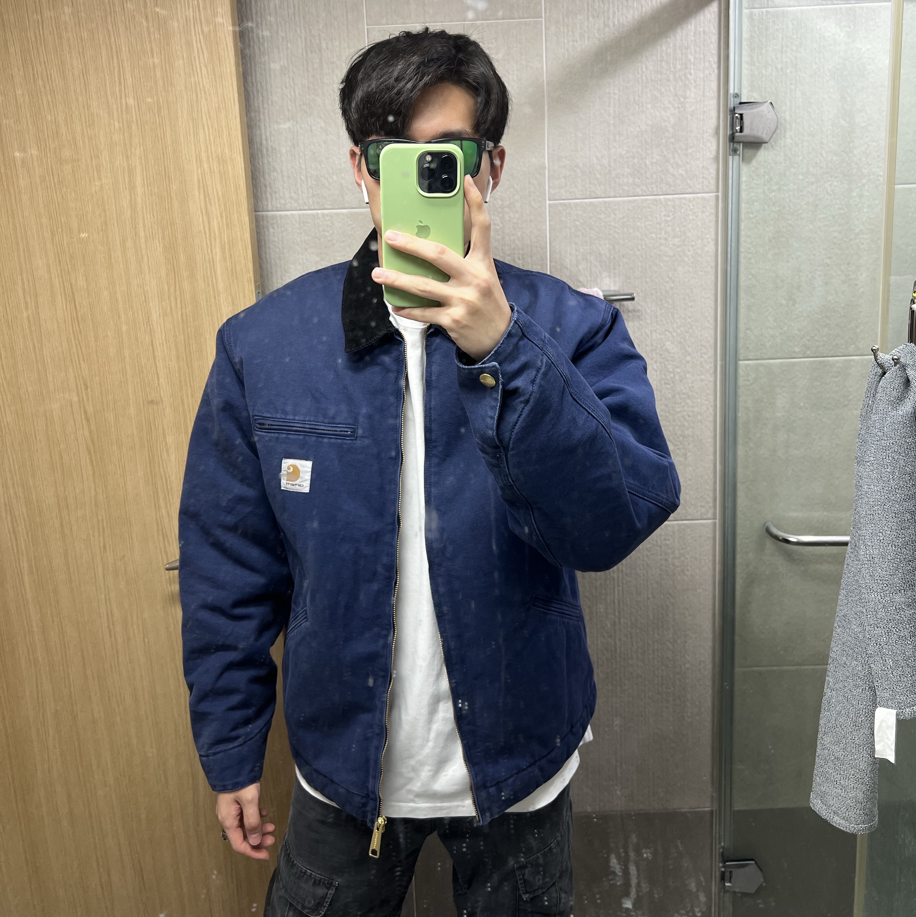 Carhartt WIP Organic Cotton Dearborn Canvas OG Detroit Jacket Air Force Blue Aged Canvas - Winter 착용 스타일