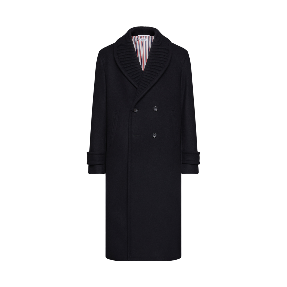 MOC965G-05507-001 Thom Browne Knit Shawl Collar Melton Overcoat Black