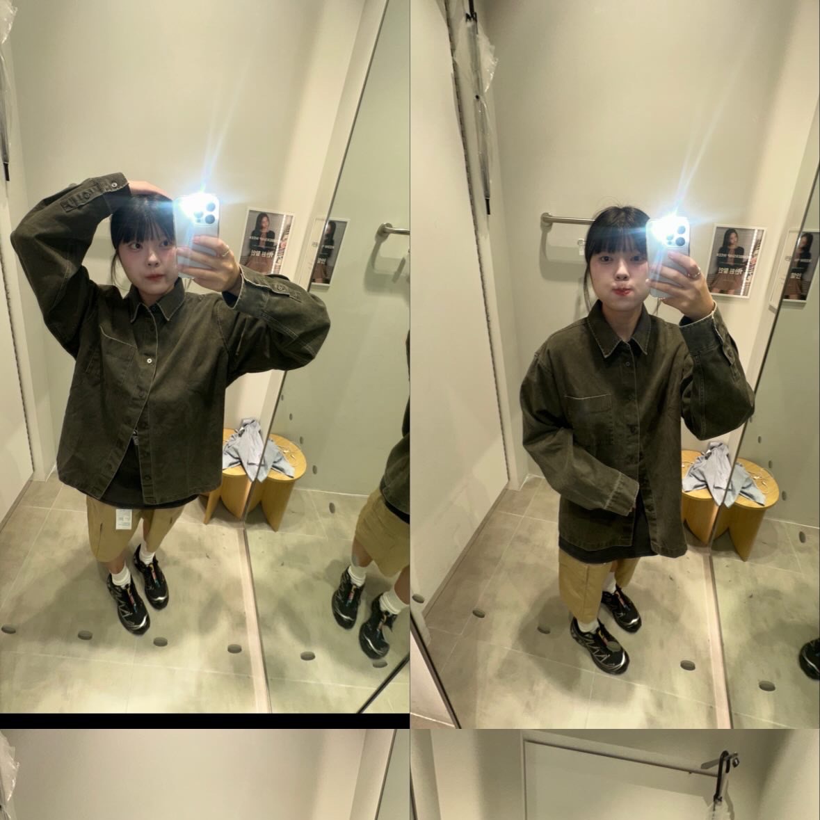 NOMANUAL Layer Shorts Washed Khaki 착용 스타일