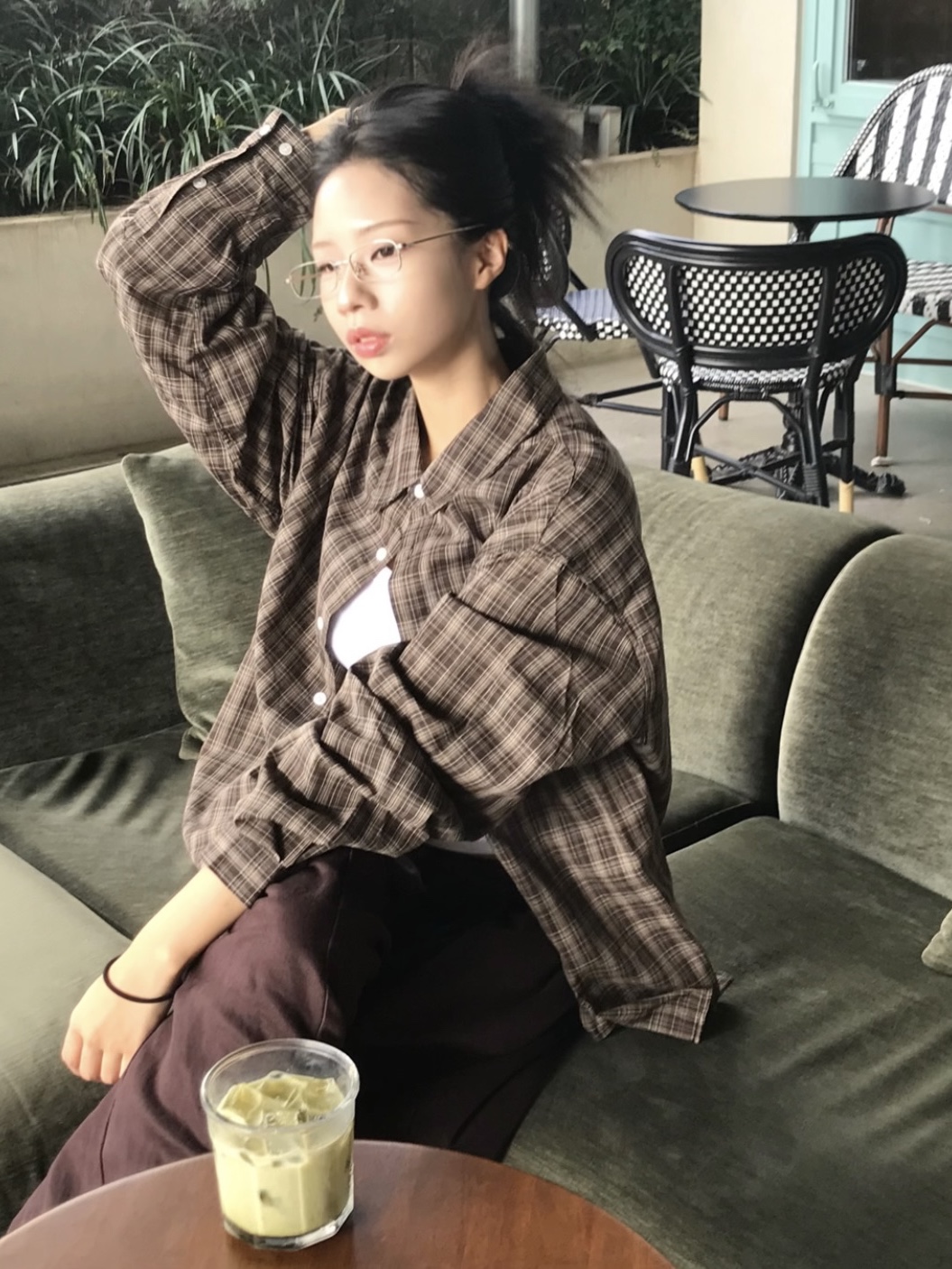 SLOW RECORD HOUSE Kane Check Shirt Brown 착용 스타일 - 6