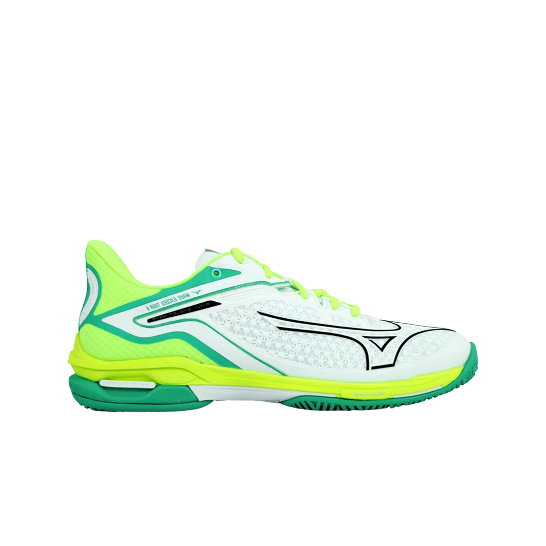 (W) 미즈노 웨이브 엑시드 투어 6 AC 화이트 네오 라임((W) Mizuno Wave Exceed Tour 6 AC White Neo Lime)