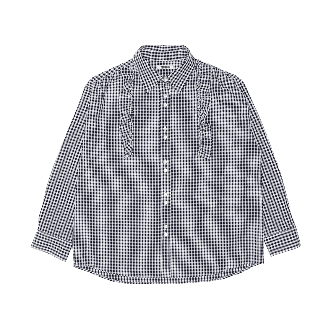 YO25FWSH01BK YOUNGOH Ruffle Detail Floral Button Shirt Black Check