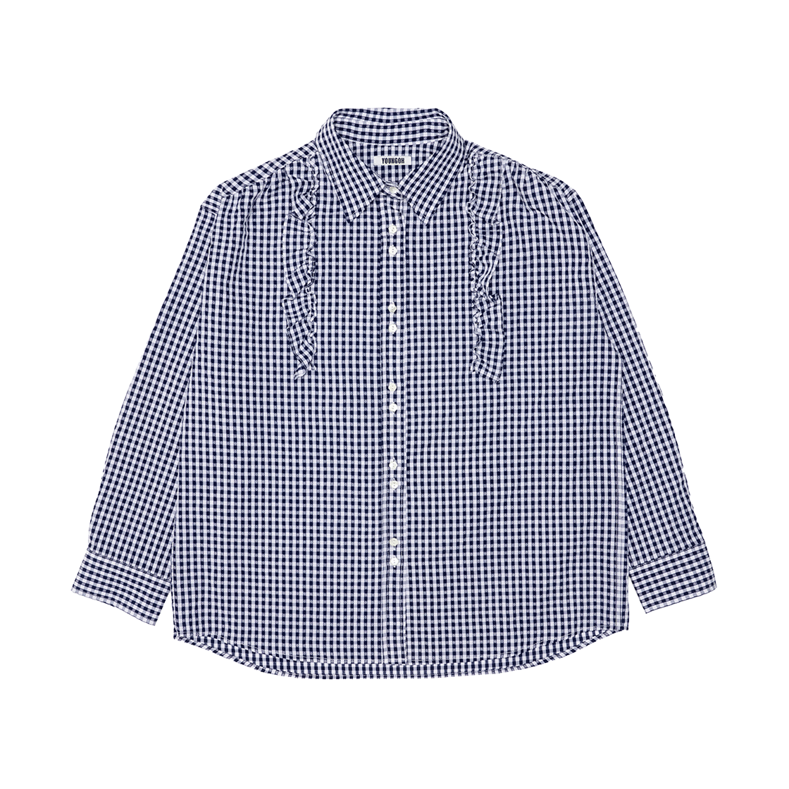 YO25FWSH01NA YOUNGOH Ruffle Detail Floral Button Shirt Navy Check