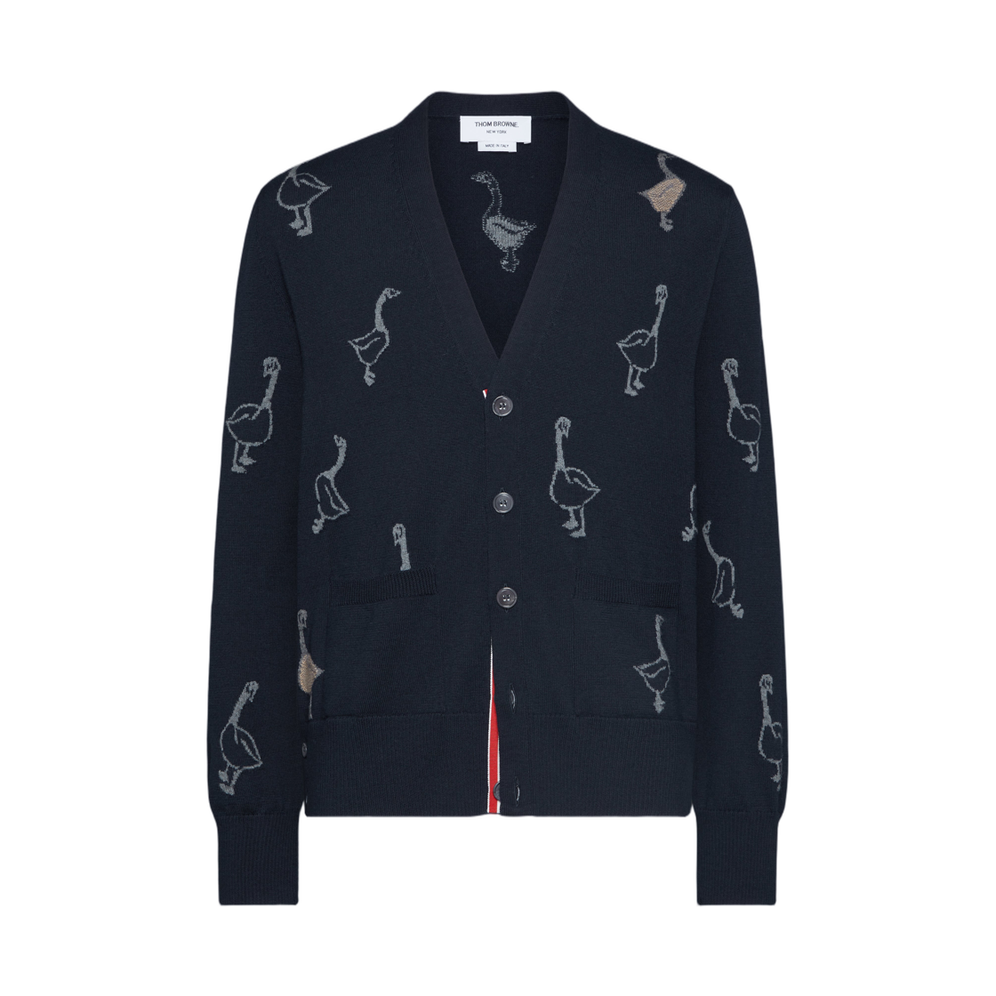 톰브라운 기스 인타르시아 메리노 울 릴렉스드 핏 브이넥 가디건 네이비(Thom Browne Geese Intarsia Merino Wool Relaxed Fit V-Neck Cardigan Navy) - 1