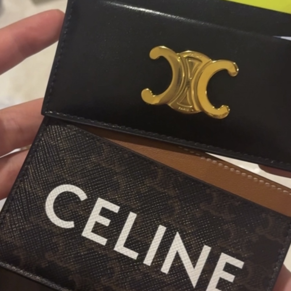 Celine Triomphe Card Holder in Shiny Calfskin Black, Celine Card Holder in Triomphe Canvas with Celine Print Tan 착용 스타일