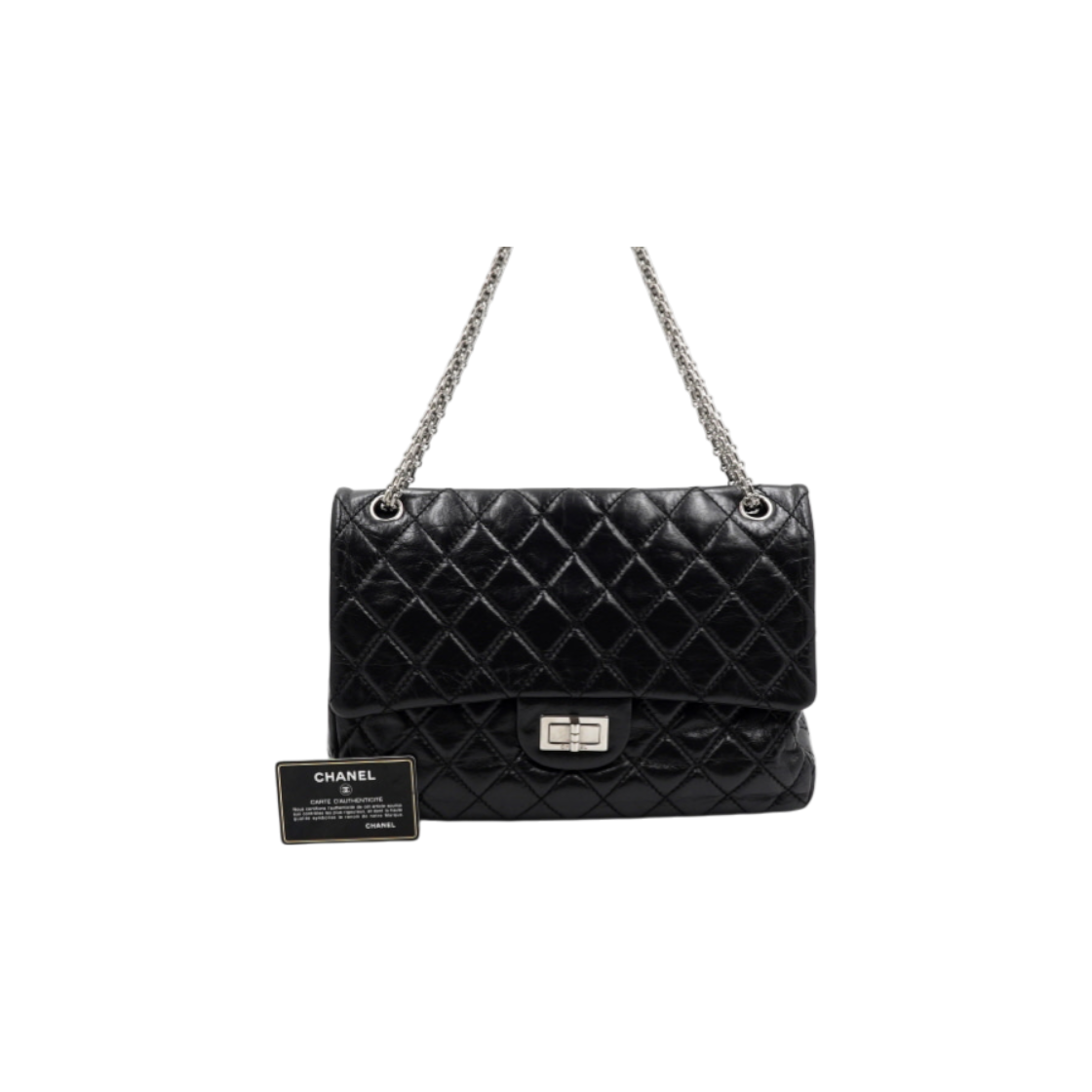 IT5JUPLPQQKC Chanel 2.55 Vintage Large Black Silver Chain Shoulder Bag