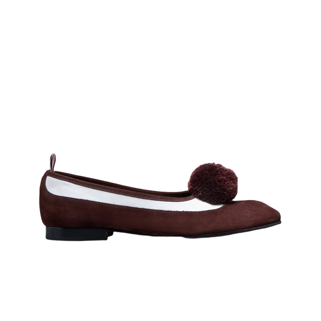MFD287D-L0037-202 Thom Browne Calf Suede Pom Pom Opera Spectator Ballerina Dark Brown White