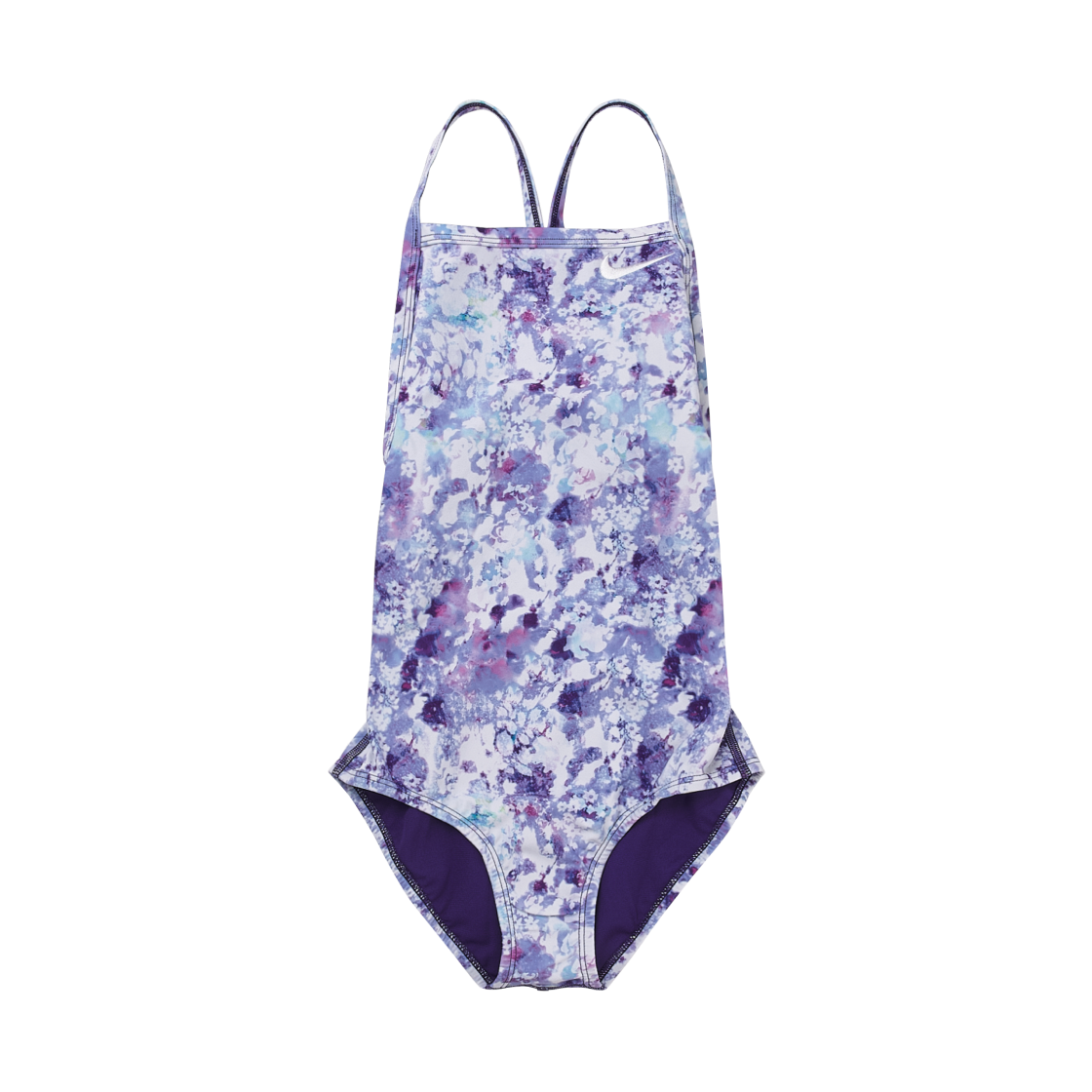 (W) 나이키 스윔 플로럴 블리스 블루베리 레이서백 로우 레그 컷 코트 퍼플((W) Nike Swim Floral Bliss Blueberry Racerback Low Leg Cut Court Purple)