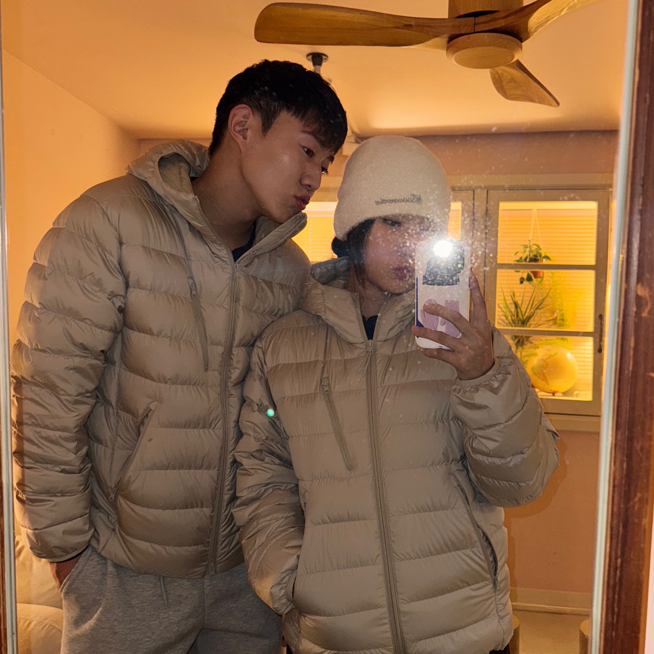 Musinsa Standard City Leisure Hooded Light Down Jacket Dusty Beige 착용 스타일