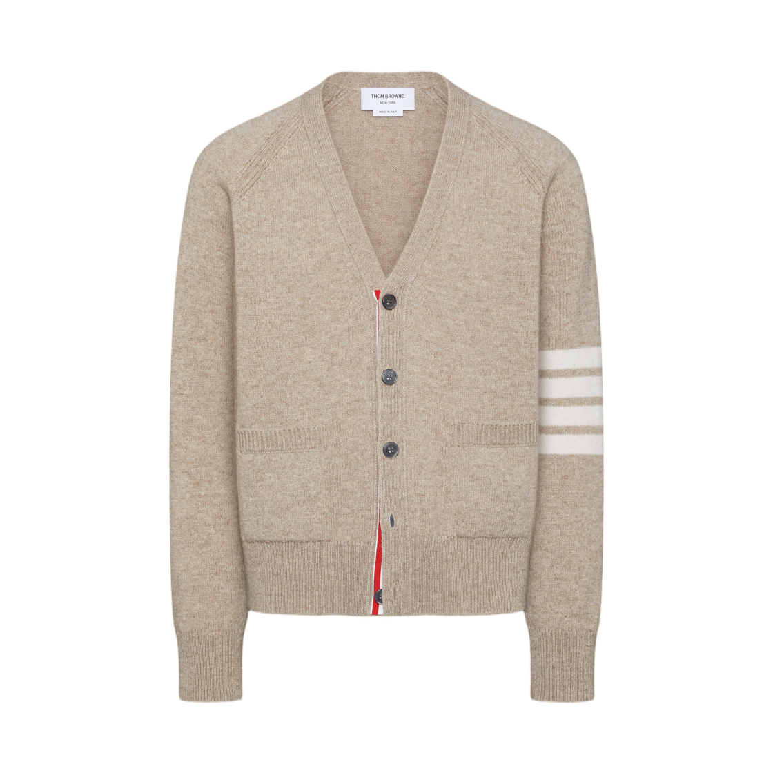 MKC613A-Y1026-250 Thom Browne Shetland Wool 4-Bar Relaxed Fit V-Neck Cardigan Khaki