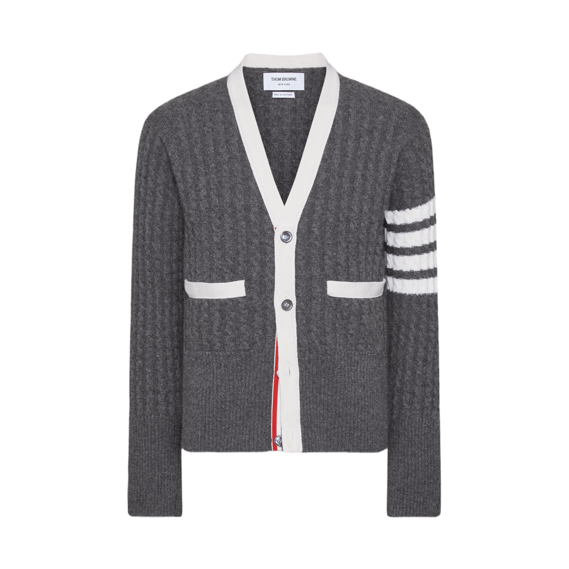 MKC015B-Y2001-035 Thom Browne Cashmere 4-Bar V-Neck Cardigan Med Grey
