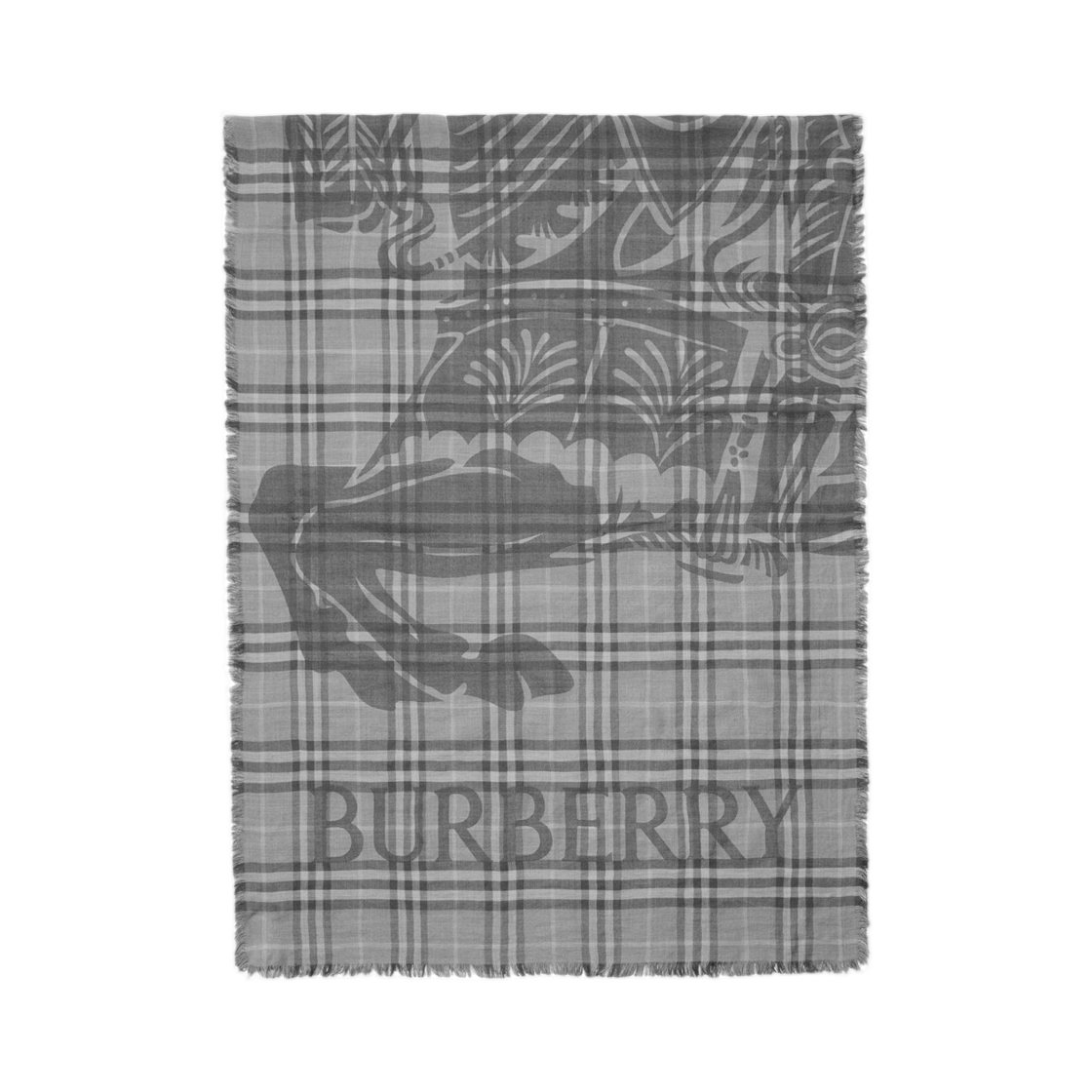 8117903 (W) Burberry Wide EKD Check Wool Silk Scarf Mitten Grey