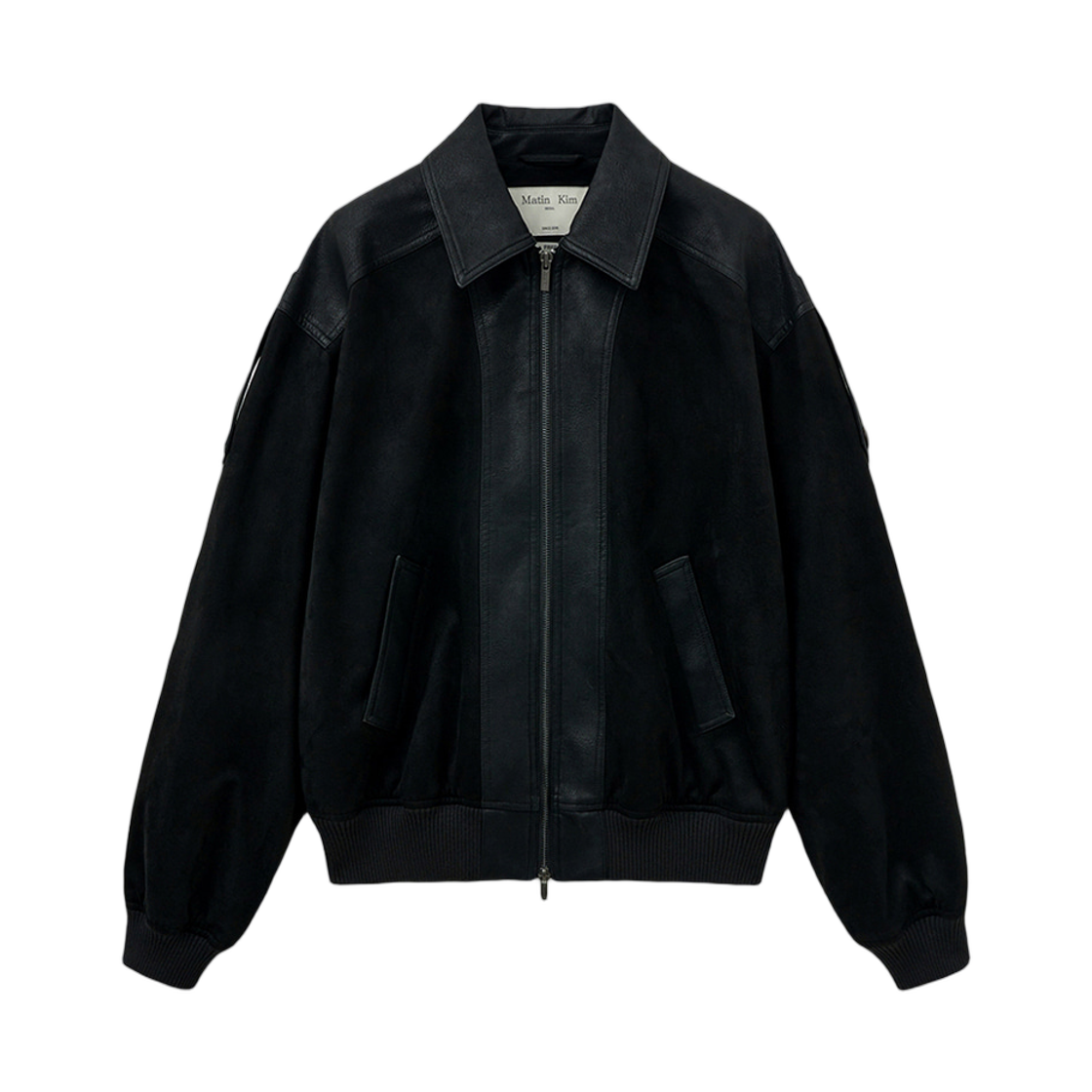 (W) 마뗑킴 스웨이드 믹스 레더 집업 점퍼 블랙((W) Matin Kim Suede Mix Leather Zip Up Jumper Black) - 1