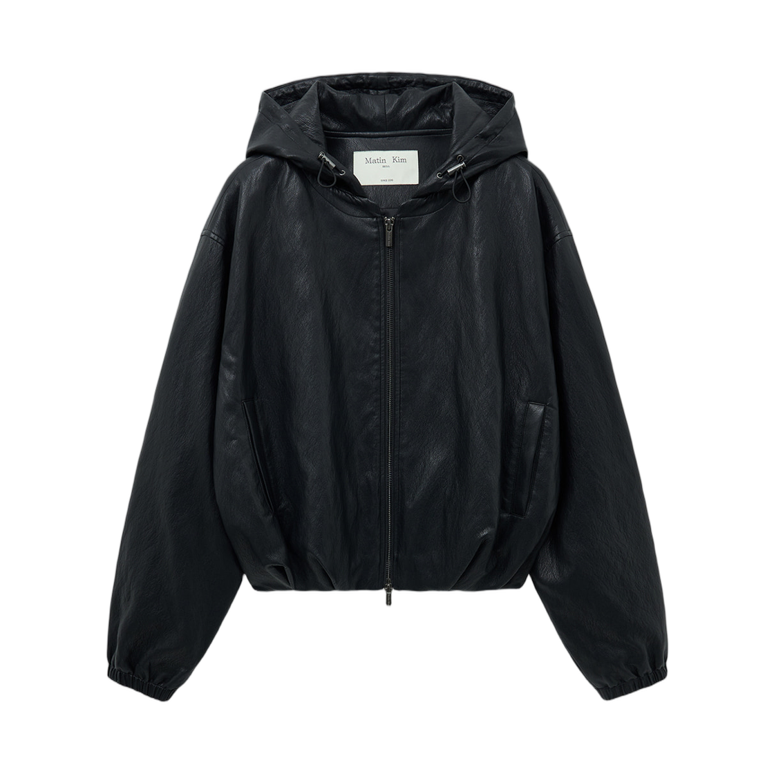 (W) 마뗑킴 포우 레더 후디 크롭 점퍼 블랙((W) Matin Kim Faux Leather Hoody Crop Jumper Black) - 1