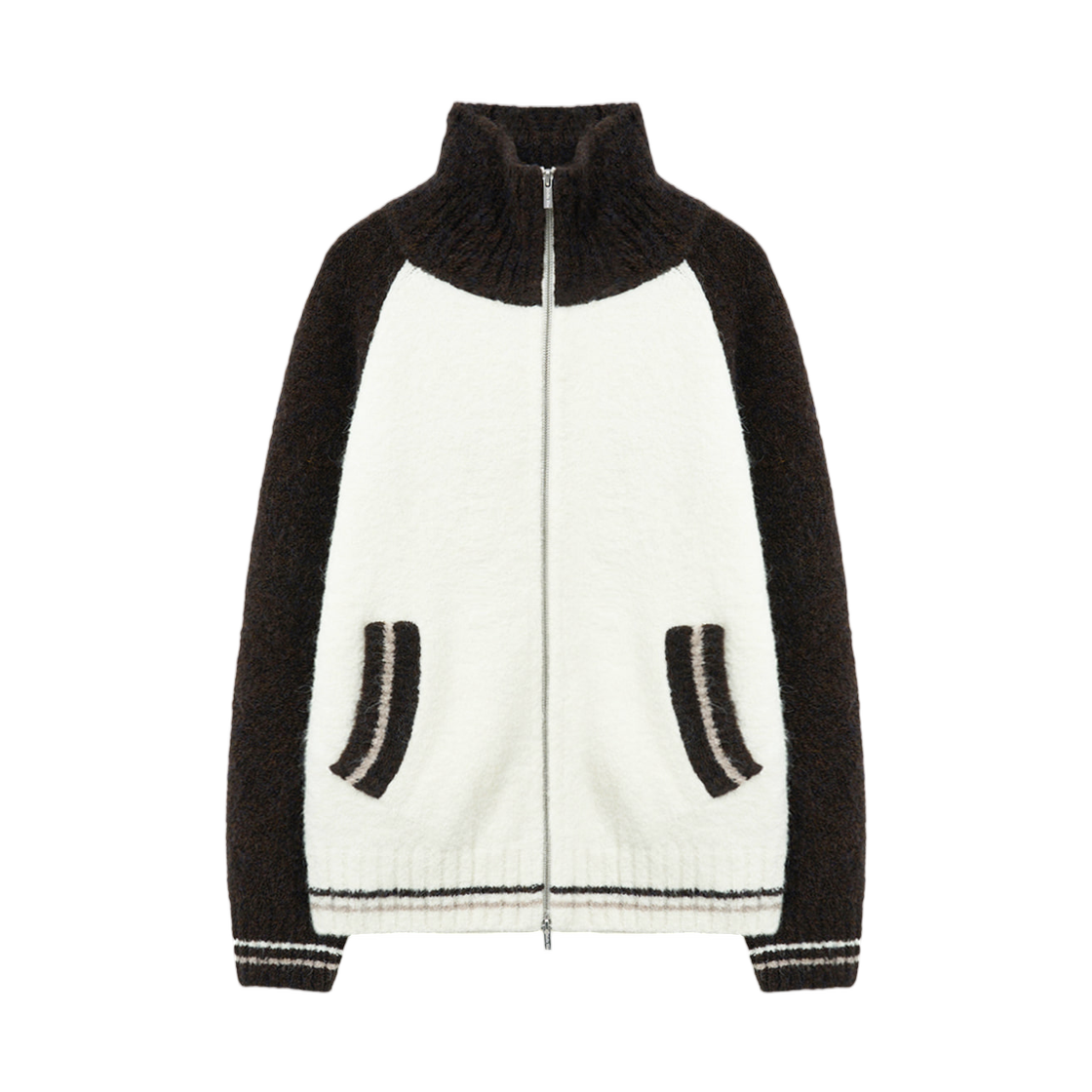 마뗑킴 하이 넥 래글런 니트 집업 다크 브라운(Matin Kim High Neck Raglan Knit Zip Up Dark Brown)