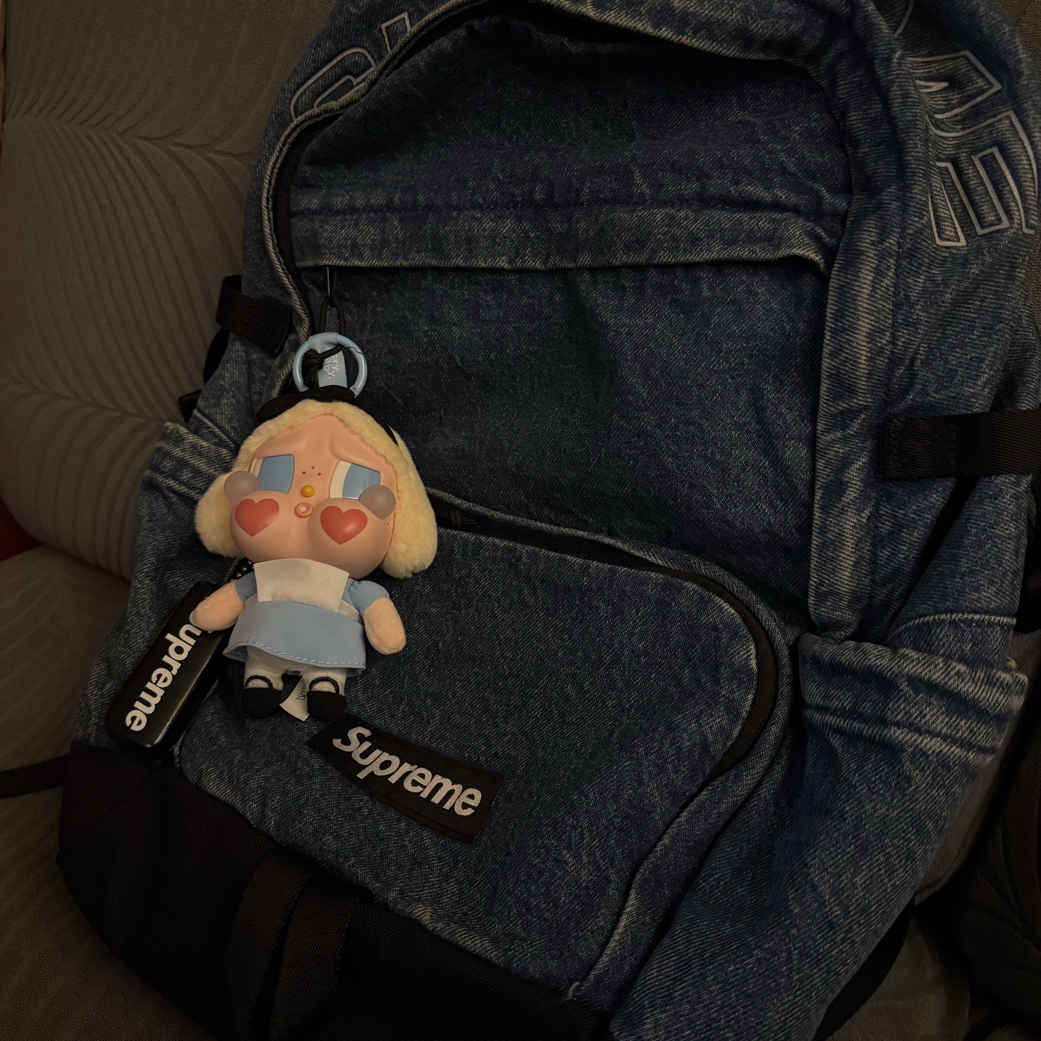 Supreme Denim Backpack Washed Indigo - 25FW, Pop Mart Crybaby Crying Again Series Plush Keyring She's Alice (Opened Case) 착용 스타일