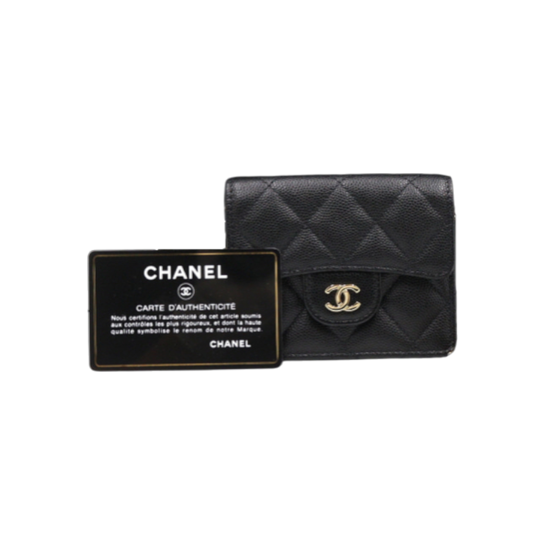 ITNFK9DJ4HPW Chanel Black Caviar Classic Flap Accordion Card Holder with Gold Chain Shoulder and Crossbody Bag