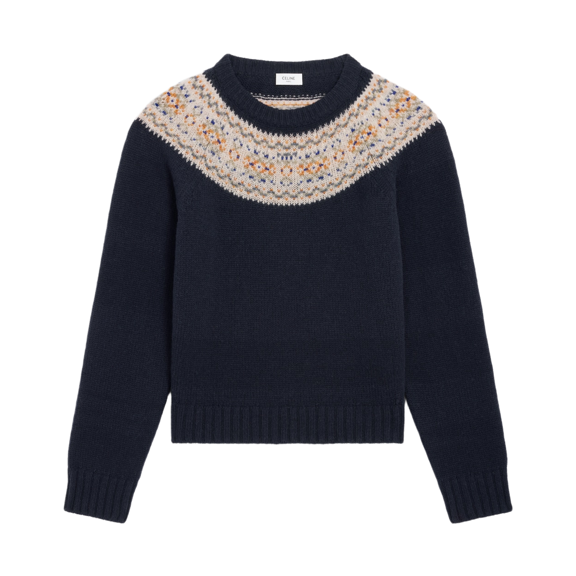 RX09O0ZQ5-07MR Celine Crewneck Sweater in Triomphe Fair Isle Wool Navy