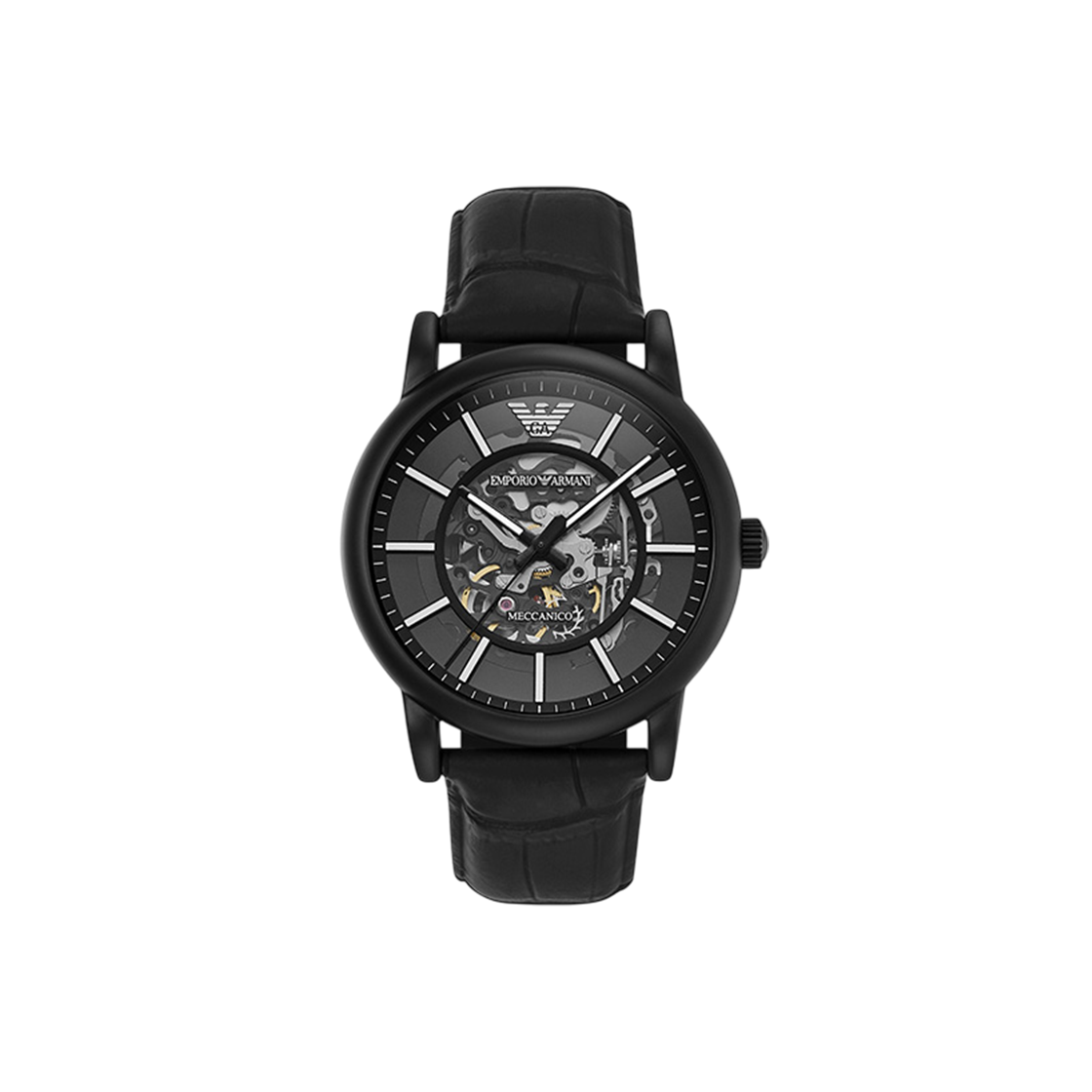 AR60008 Emporio Armani Luigi 43mm Skeleton Leather Watch Black Black