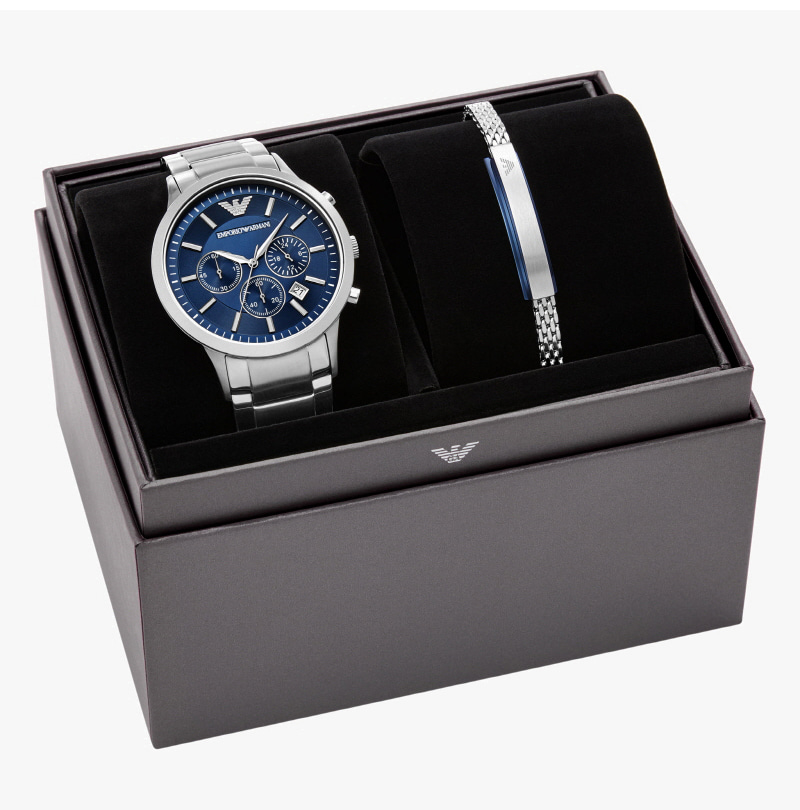 엠포리오 아르마니 43mm 크로노그래프 브레이슬릿 세트 메탈 시계 블루 실버(Emporio Armani 43mm Chronograph Bracelet Set Metal Watch Blue Silver) - 3
