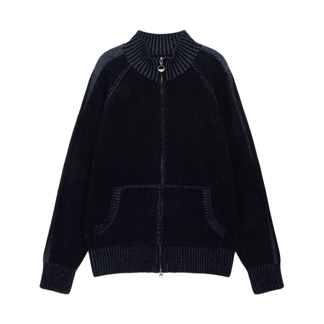 (W) 마뗑킴 투 톤 믹스드 니트 집업 네이비((W) Matin Kim Two Tone Mixed Knit Zip Up Navy) - 1