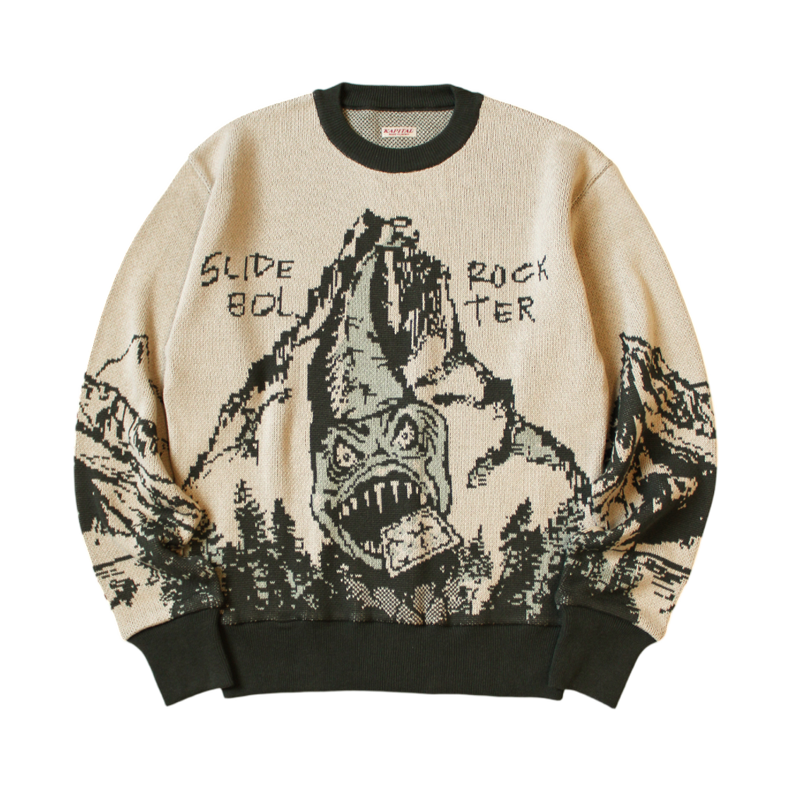 캐피탈 8G 자카드 니트 빈티지 크루 스웨터 슬라이드 락 볼트 카키(Kapital 8G Jacquard Knit Vintage Crew Sweater Slide Rock Bolt Khaki) - 1