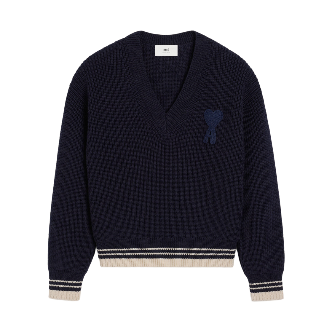 UKS268-KN0068-4011 AMI De Coeur Rib Wool V-Neck Sweater Navy Blue