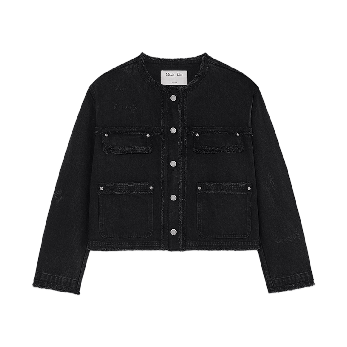 (W) 마뗑킴 칼라리스 데미지 데님 자켓 블랙((W) Matin Kim Collarless Damage Denim Jacket Black)