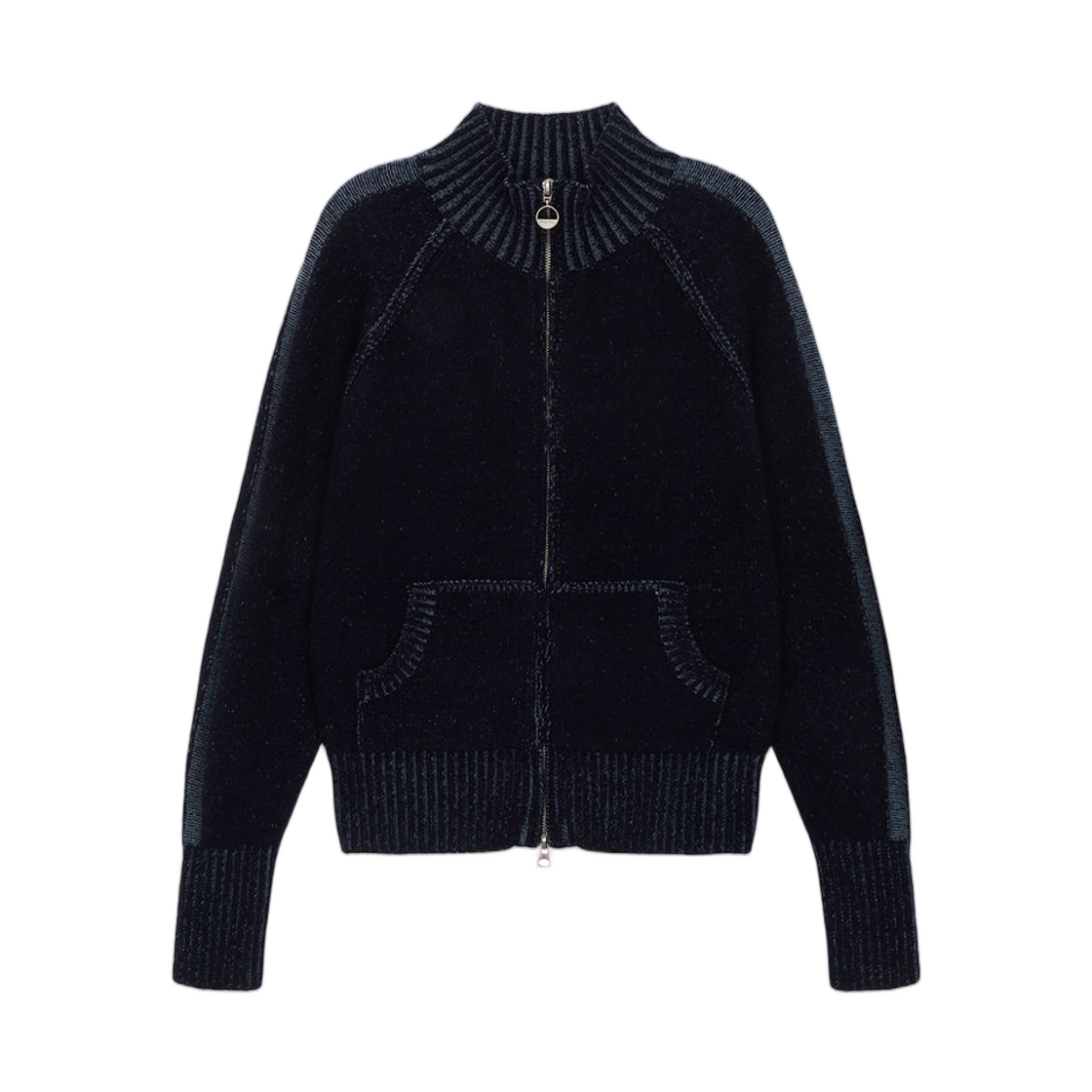 (W) 마뗑킴 투 톤 믹스드 니트 집업 네이비((W) Matin Kim Two Tone Mixed Knit Zip Up Navy) - 1