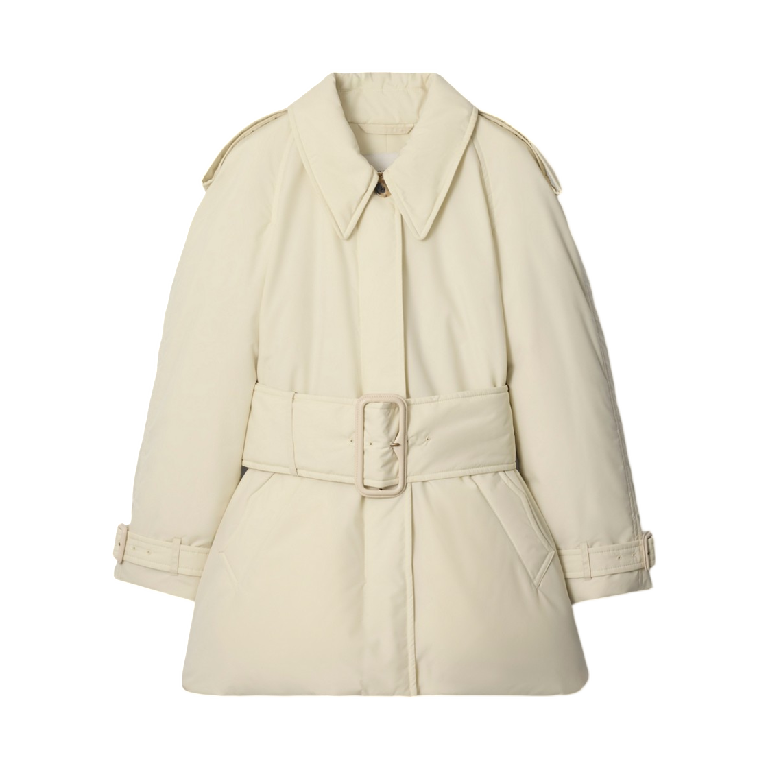 (W) 버버리 벨티드 베리힐 패딩 카 코트 아이스 베이지((W) Burberry Belted Berryhill Padded Car Coat Ice Beige) - 1