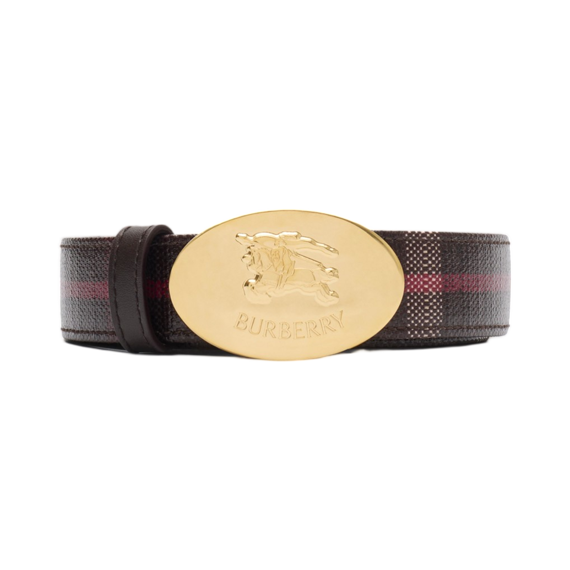 (W) 버버리 리버시블 체크 나이트 스탬프 벨트 마호가니 레드 골드((W) Burberry Reversible Check Knight Stamp Belt Mahogany Red Gold) - 1
