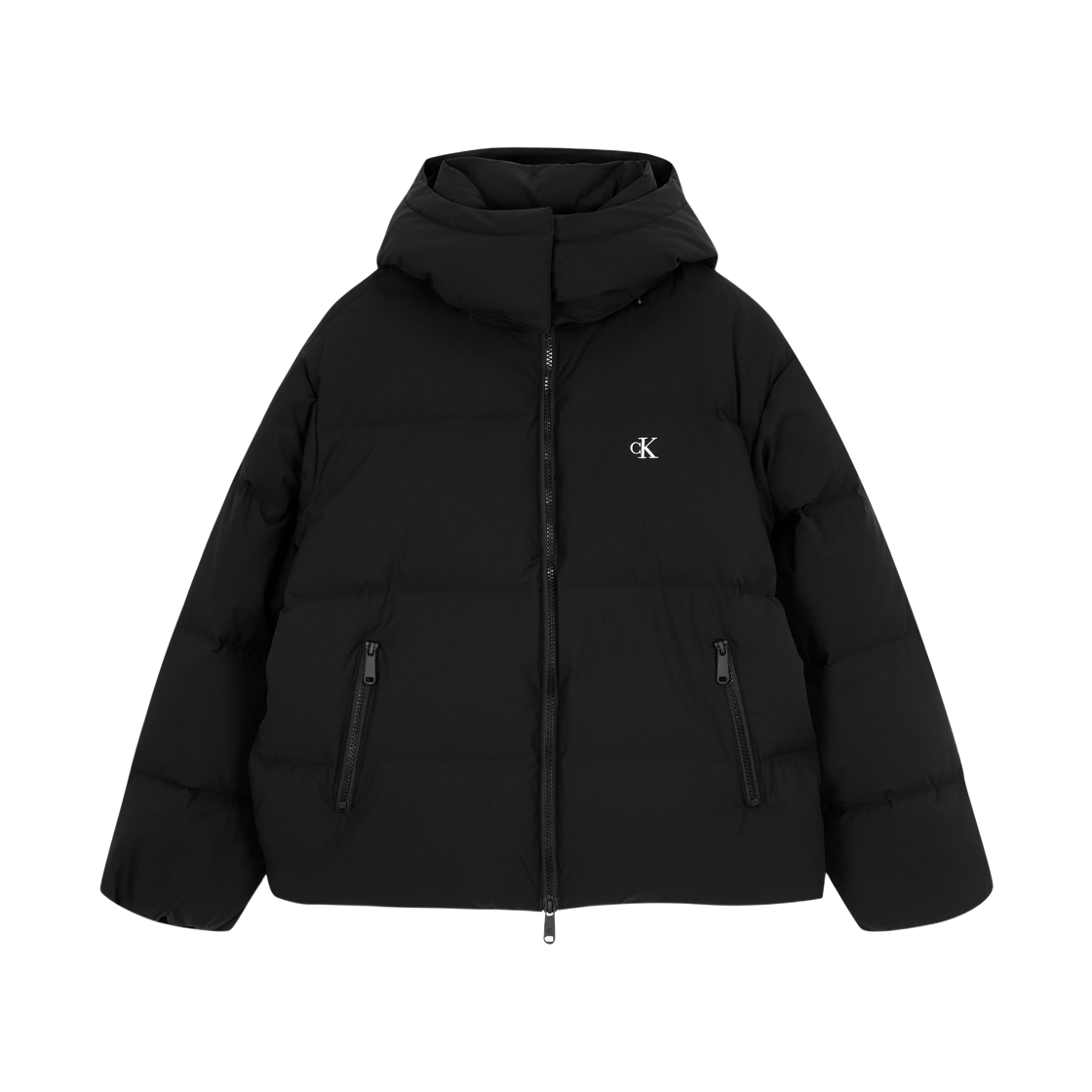 (W) 캘빈 클라인 글로시 립스탑 미드 랭스 후드 다운 자켓 블랙((W) Calvin Klein Glossy Ripstop Mid Length Down Jacket Black)