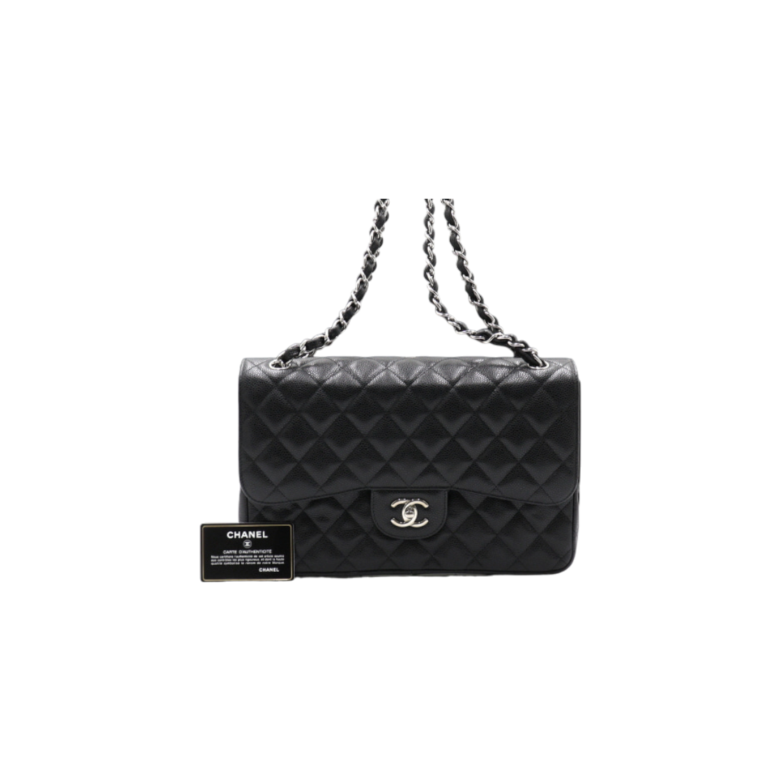ITPCEFQWWJNM Chanel A58600 Black Caviar Classic Large Jumbo Silver Chain Shoulder Bag