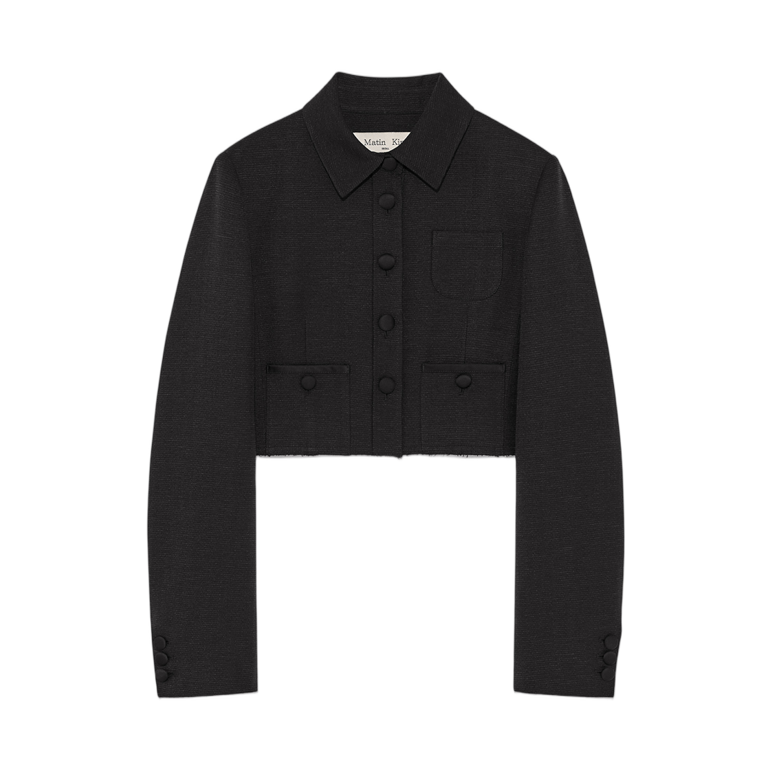(W) 마뗑킴 스트라이프 헤링본 포켓 크롭 자켓 블랙((W) Matin Kim Stripe Herringbone Pocket Crop Jacket Black)