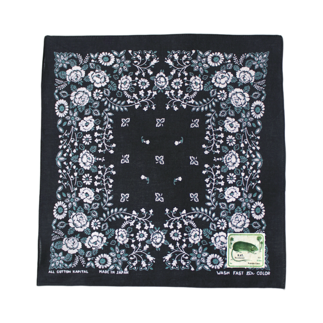 캐피탈 패스트컬러 셀비지 반다나 처칠 가든 15 x 15 블랙(Kapital Fastcolor Selvedge Bandana Churchill Garden 15 x 15 Black)