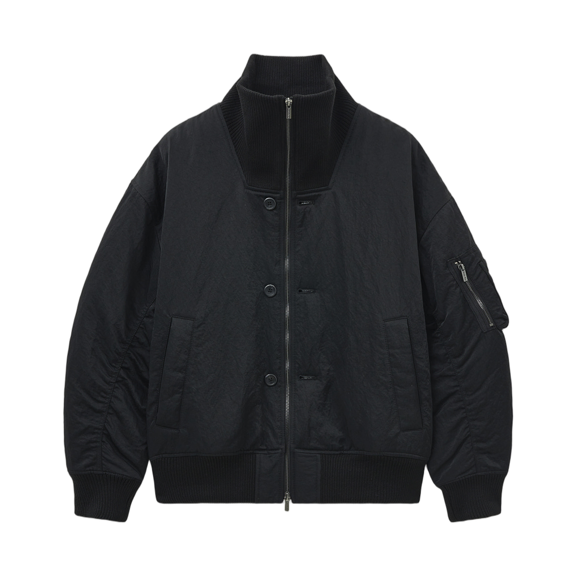 (W) 마뗑킴 하이 넥 버튼 포인트 집업 점퍼 블랙((W) Matin Kim High Neck Button Point Zip Up Jumper Black) - 1