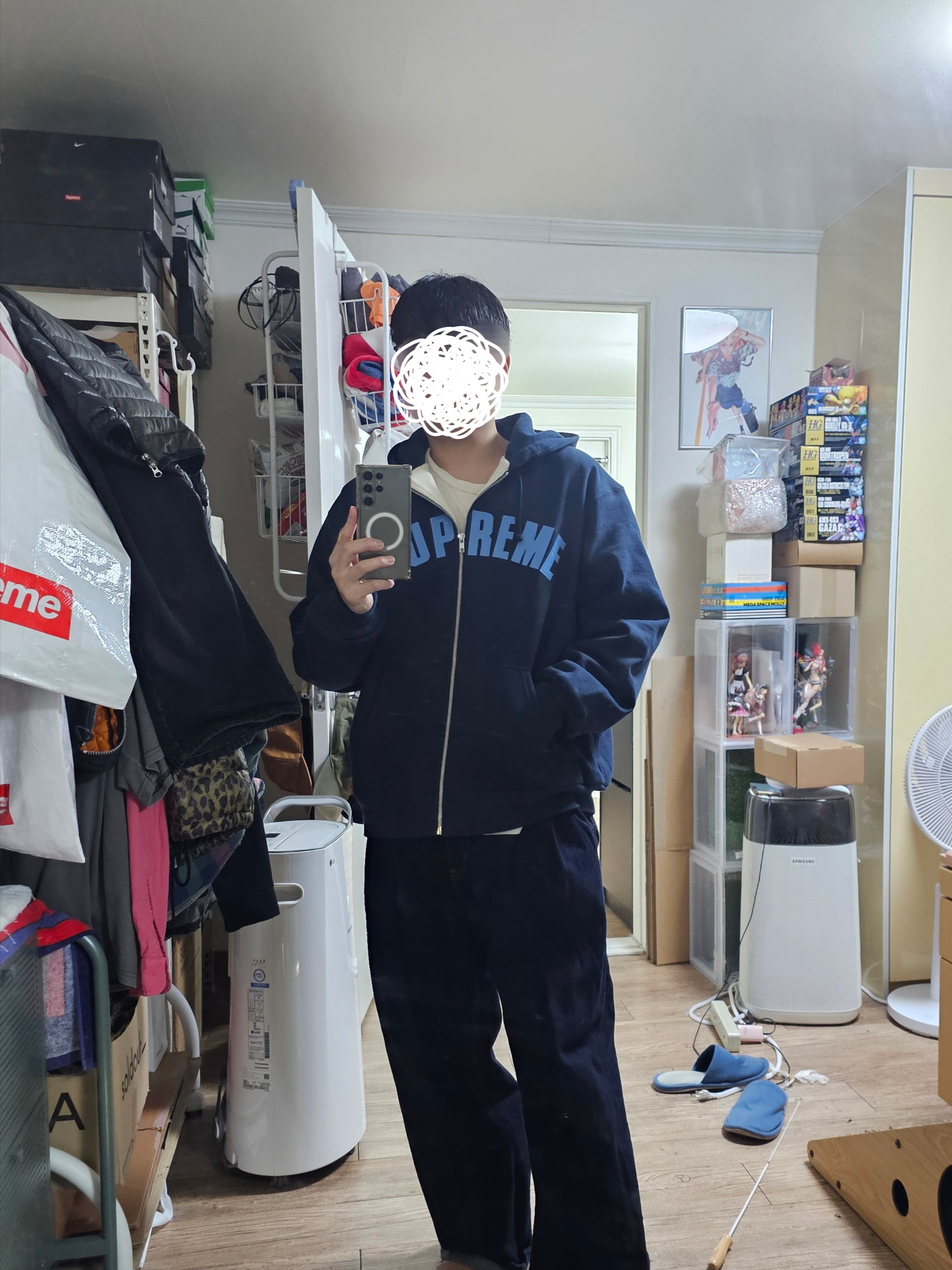 Supreme Arc Thermal Lined Zip Up Hooded Sweatshirt Navy - 25FW 착용 스타일