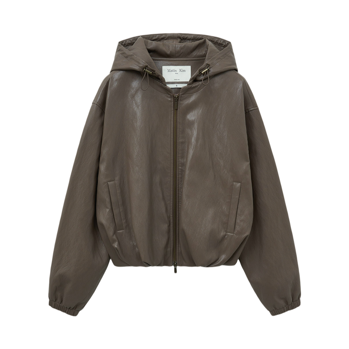 (W) 마뗑킴 포우 레더 후디 크롭 점퍼 브라운((W) Matin Kim Faux Leather Hoody Crop Jumper Brown) - 2